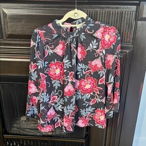 LOFT Black Blouse with Pink Floral Design
